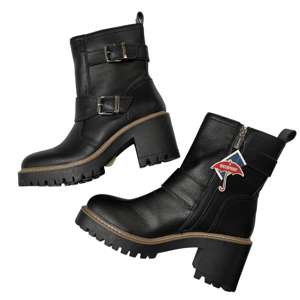 Blondo Reno Boot Black Peppled Leather Combat Waterproof Buckle Size 9 Grunge